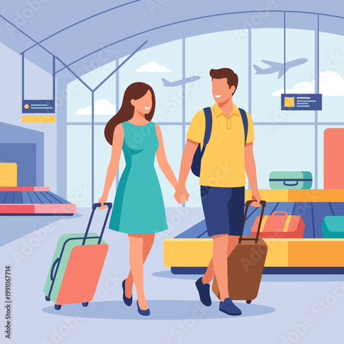 A lively illustration of a couple joyfully walking hand in hand with luggage at an airport, portraying themes of travel, romance, and excitement for new adventures together.