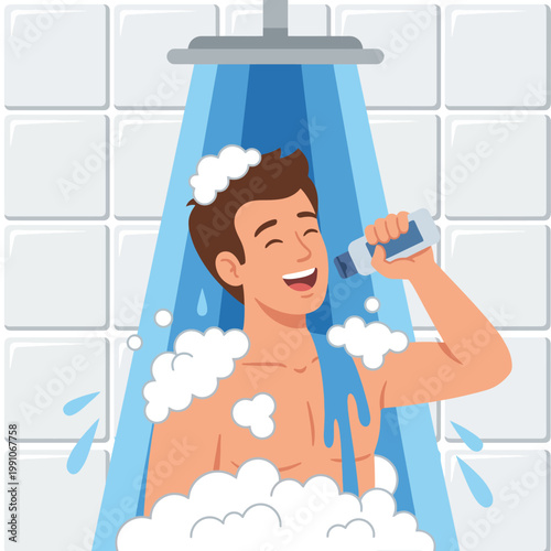 A young man enjoying his shower, singing happily with soap bubbles around him, highlighting moments of joy and personal care in a fresh, light-hearted scene.