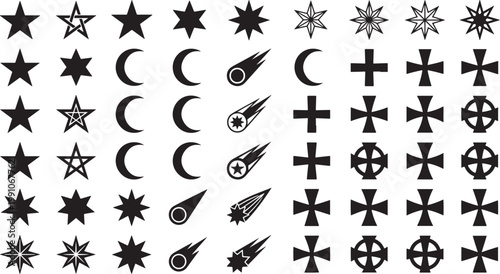 Set of various celestial and religious symbols including stars, moons, comets, and crosses