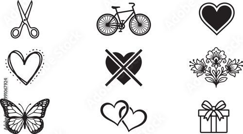 Collection of various black and white icons and symbols