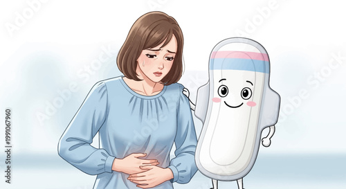 Woman with stomach pain and cartoon capsule.