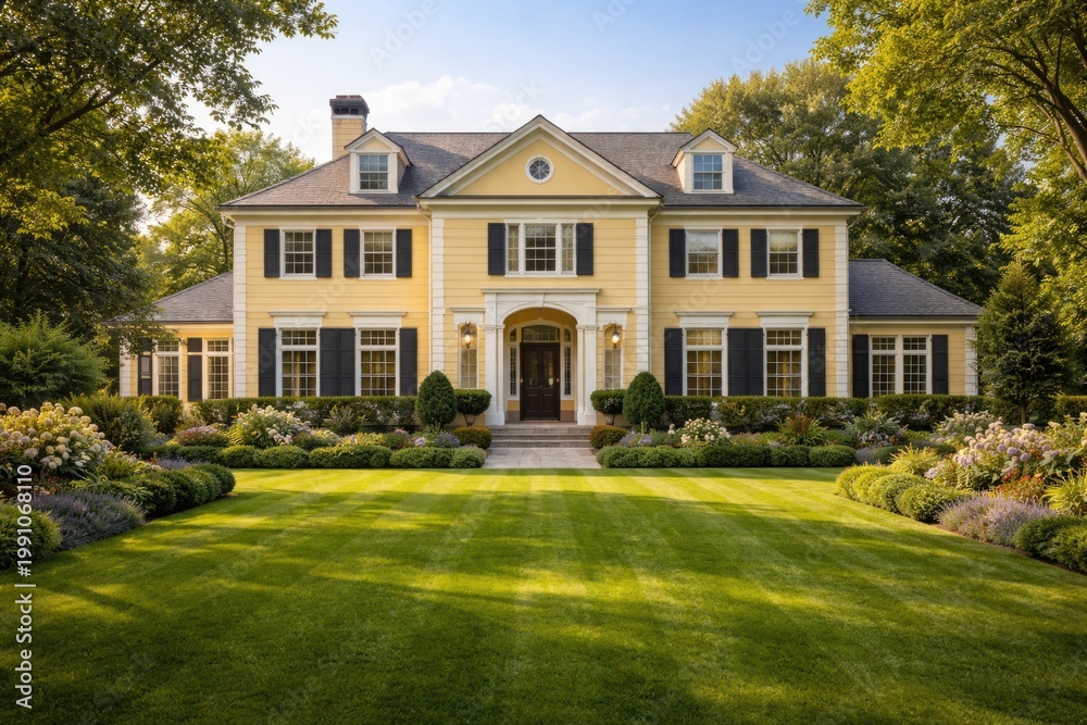 Fototapeta premium Sophisticated home featuring yellow facade and full length view on lush grass