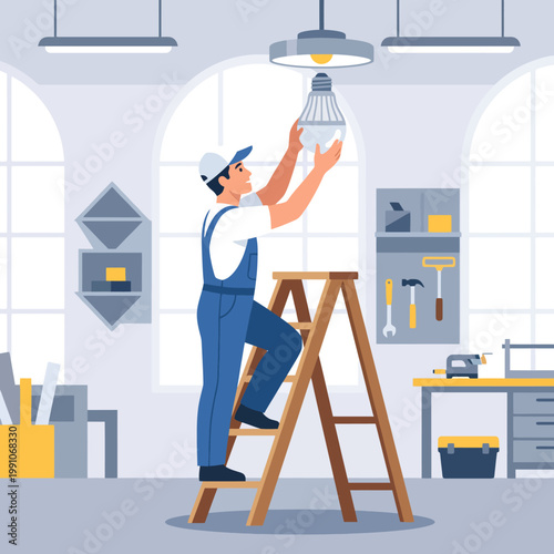 A focused young man stands on a ladder carefully changing a lightbulb in a well-equipped workshop, showcasing skills in home maintenance and a hands-on approach to DIY tasks.