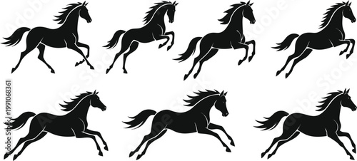 Vector Running Horse Silhouette Collection, Galloping Stallion and Mustang Motion Set, Black Equine Animal Graphic Elements