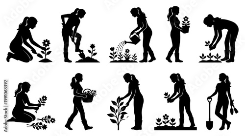 oman Planting Flowers Silhouette Vector Set – 10 Gardening Poses in Grid Layout