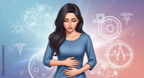 Woman experiencing stomach pain or discomfort.