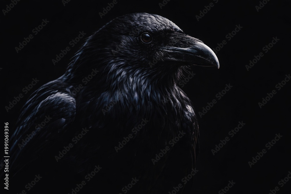 Naklejka premium Black raven silhouette in a dramatic portrait with deep black background