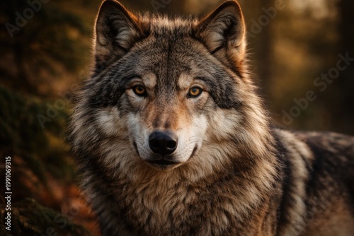Close up portrait of a majestic gray wolf in natural habitat