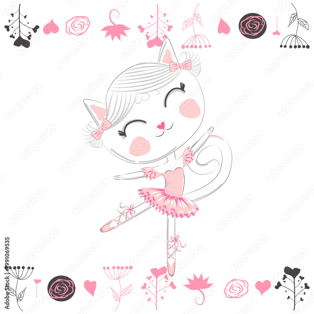 Obraz premium Cute dancing cat ballerina in the blue tutu. Cartoon hand drawn