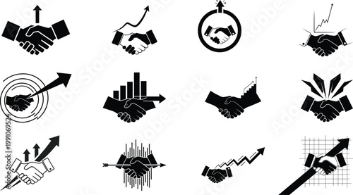 Collection of icons depicting business growth, partnerships, and financial success