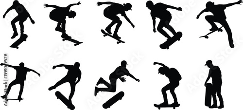 Skateboarder silhouettes collection isolated on white background, extreme sport action poses set, urban street style motion, black vector illustration,
