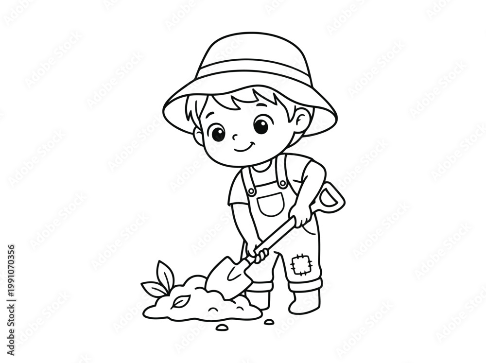 Obraz premium Cute child digging soil illustration in black and white line art style showing a kid using a shovel for planting activity