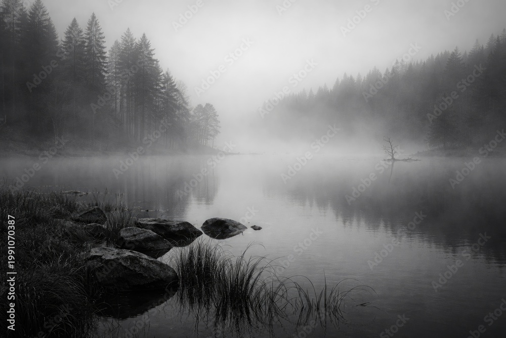 Fototapeta premium Foggy monochrome lake landscape with dense mist