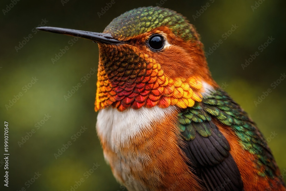Naklejka premium Detailed close up portrait of a vibrant Allen's hummingbird with iridescent feathers