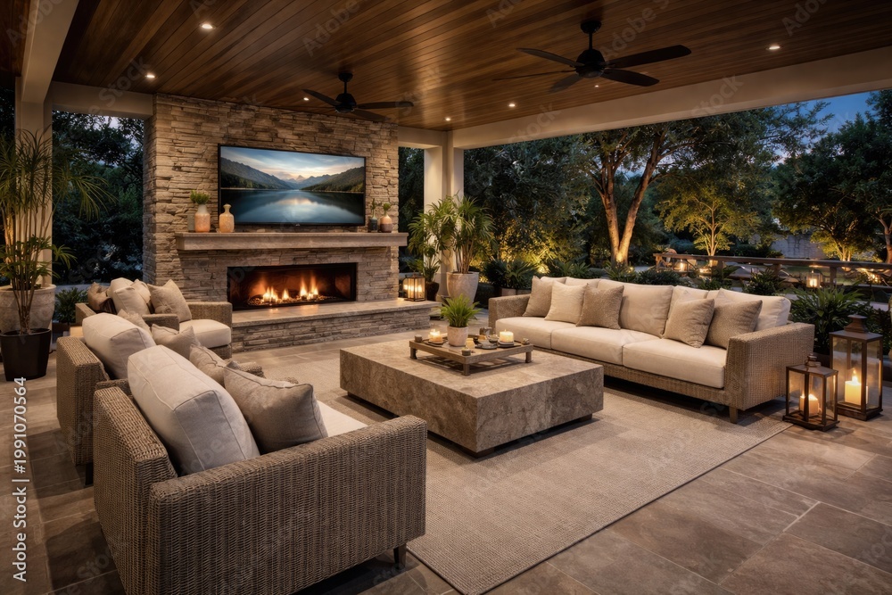 Fototapeta premium Upscale patio lounge with spacious stone hearth TV area and neutral toned seating