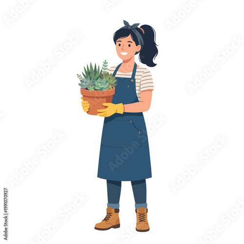 A cheerful woman holding a pot of succulents, highlighting the joys of gardening and the therapeutic connection to nature while engaging in sustainable living practices.