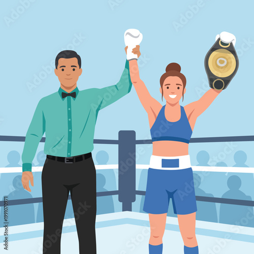 An exhilarating image of a boxer celebrating victory in the ring, raising her arms in triumph, showcasing determination, athleticism, and the spirit of sportsmanship in combat sports.