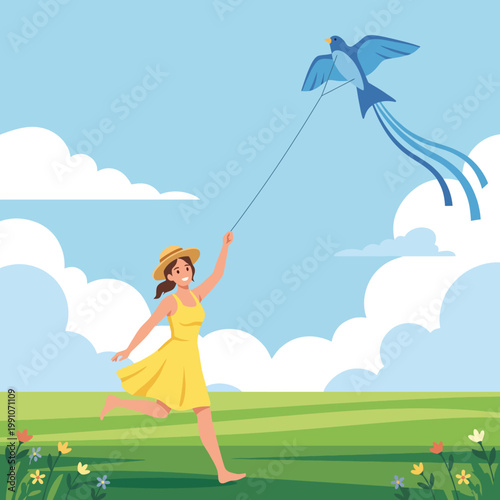 A young woman joyfully runs through a vibrant green field, holding a colorful kite soaring high in the blue sky, embodying freedom and carefree spirit on a sunny day.