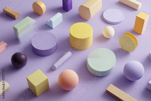 Colorful Geometric Shapes Scattered on Pastel Purple Background For Abstract Design Concepts