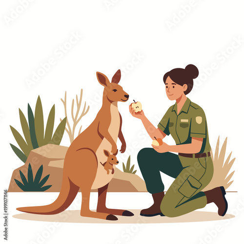 A dedicated wildlife caretaker kneels to feed a kangaroo with her joey visible in its pouch, showcasing compassion and care for wildlife in a natural habitat.