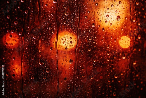 Close up of red rain droplets on window glass with orange light and ginger textured background