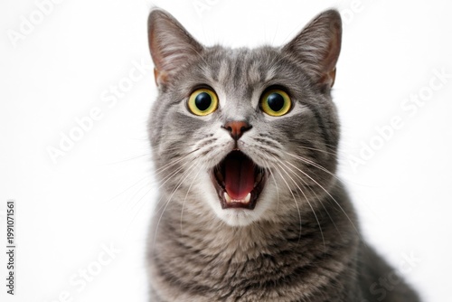 Wide eyed gray cat expressing shock on plain white background