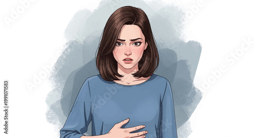 Woman experiencing stomach discomfort or pain.