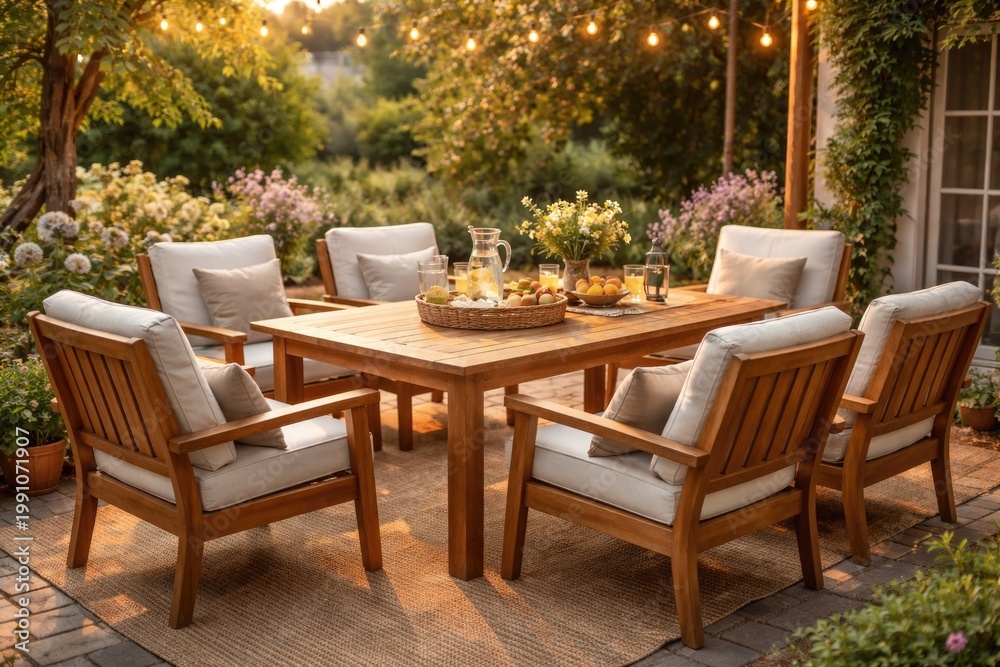 Fototapeta premium Wooden patio furniture set with table and chairs for summer relaxation on warm days