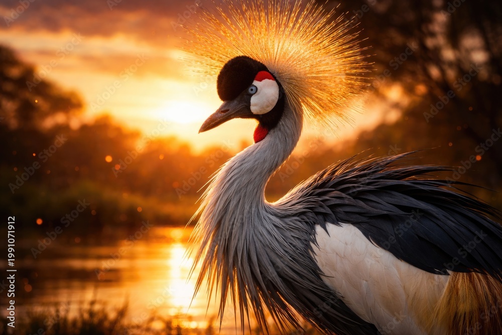 Fototapeta premium Elegant crowned crane bird displaying its golden crown during a vibrant sunset scene