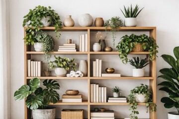 Bookcase featuring vibrant potted plants and stylish decor on a white wall for virtual office backdrop