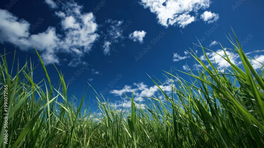 Fototapeta premium Green grass grows in a field under a blue sky.