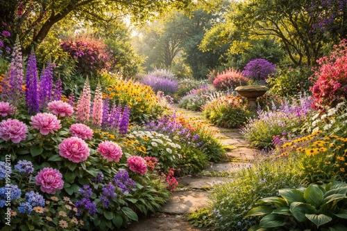 Lush garden scene with bloo...