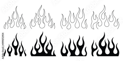 Silhouette Fire Flames Icon Set, Old School Tattoo Neo Tribal Style Flames for Cars, Fire Sign Collection, Flame Icons Isolated on White Background, Vector Illustration