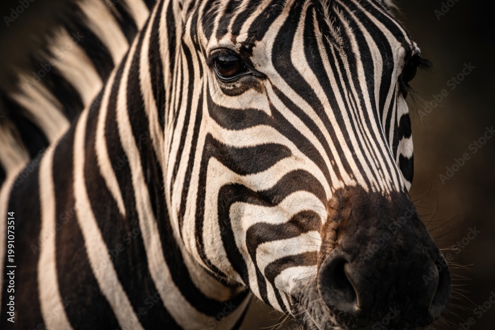 Fototapeta premium Detailed close-up of a zebra face showing unique stripes