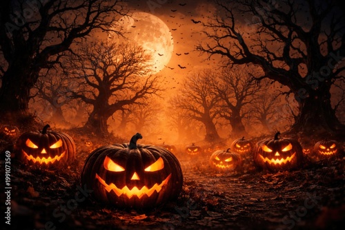 Halloween design with creepy dead tree silhouettes and bright orange pumpkins background
