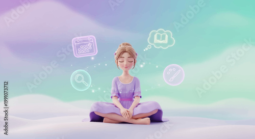 Woman meditating in peaceful serene environment.