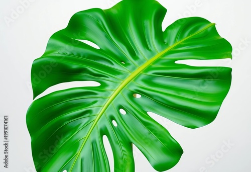 Large vibrant green Monstera deliciosa leaf with characteristic fenestrations against a neutral background,   photography,   illustration