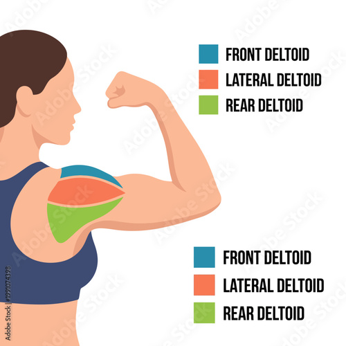 This image provides an insightful illustration of the deltoid muscle anatomy, color-coded to display different muscle regions, useful for educational and fitness purposes.