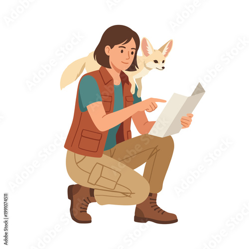 An explorer crouches while reading a map, accompanied by a fox, capturing the spirit of adventure and the joy of exploring the natural world with a companion.
