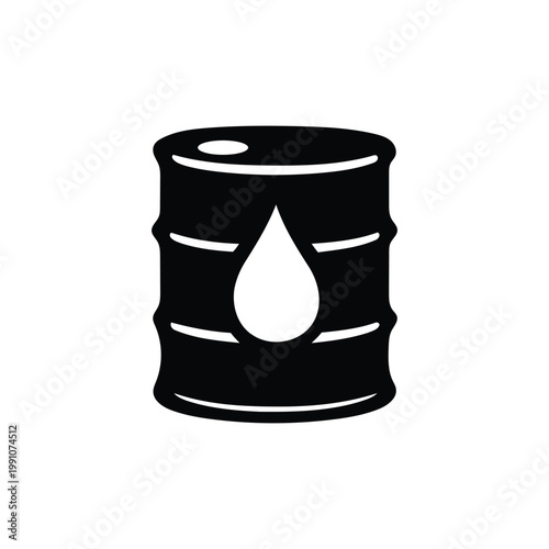 A black illustration of an oil barrel with a drop of oil
