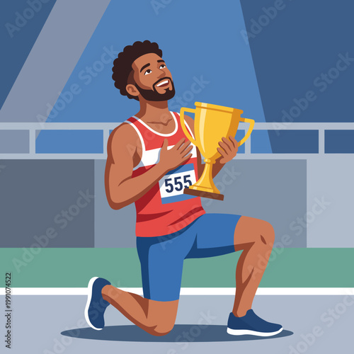 A joyful athlete kneels proudly with a trophy after winning a competition, capturing the essence of hard work, achievement, and celebration of success.