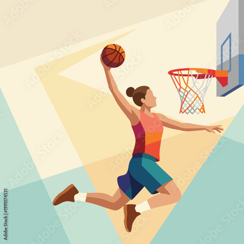 A dynamic basketball player in mid-air, executing a powerful dunk that showcases athleticism, competitive spirit, and the excitement of basketball sportsmanship in action.