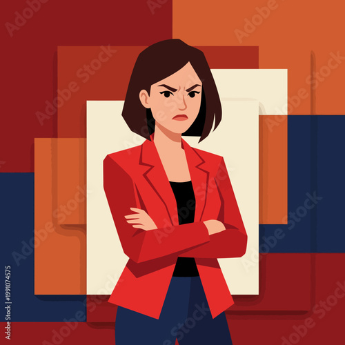 A determined businesswoman stands with crossed arms, showcasing her confident demeanor and assertiveness, reflecting strong leadership qualities in a modern professional environment.
