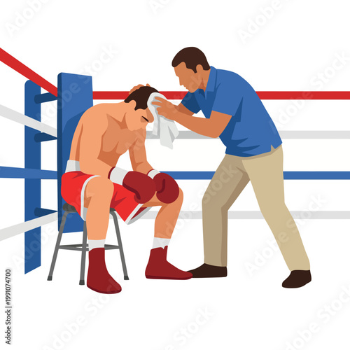 The image depicts a trainer caring for a boxer after an intense match, highlighting the support and camaraderie essential to the sport and the bond between coach and athlete.