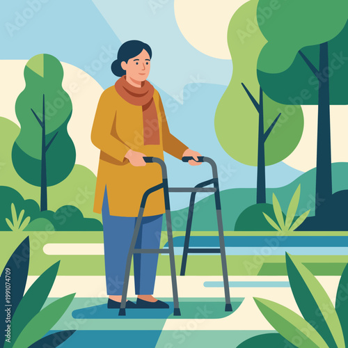 A senior woman takes a leisurely walk with the support of a walker, showcasing resilience and tranquility amidst a serene landscape filled with greenery and natural beauty.
