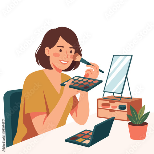 A woman joyfully applies makeup while seated at a vanity, illustrating self-expression, beauty rituals, and the creative side of personal grooming in a cozy ambiance.