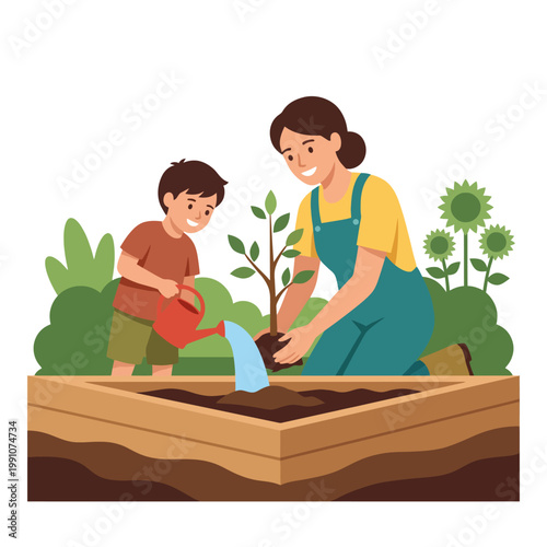 In this heartwarming image, a mother and her child are joyfully engaged in planting a young tree, representing nurturing, family bonding, and a commitment to nature.