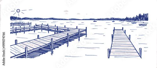 Wooden dock extending into a lake landscape. Hand drawn line art vector illustration isolated on transparent background
