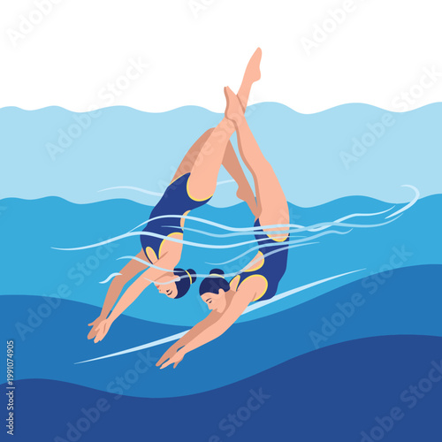 Two synchronized swimmers dive gracefully into the water, showcasing their coordination and skill, representing the beauty and teamwork involved in aquatic performance.