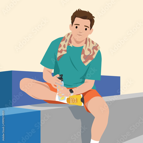 A young man is sitting and rehydrating after a sports activity, reflecting the importance of physical fitness, refreshment, and a casual lifestyle in a vibrant setting.